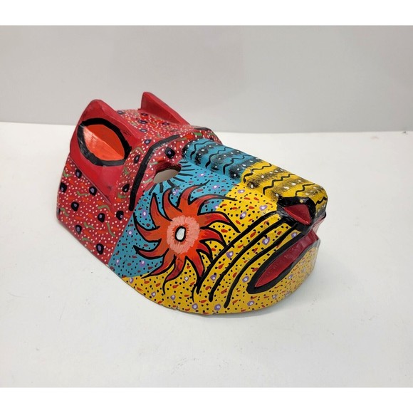 Handmade Carved Wood Cat Mask Jaguar Leopard Guatemala Mexico Folk Art Vintage - Picture 4 of 16